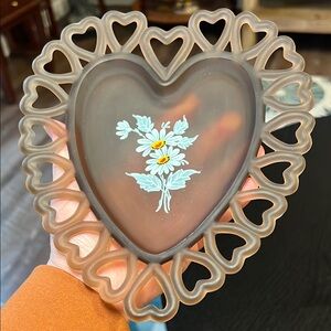 Westmoreland Satin Glass Chocolate Brown Valentine Heart Tray Daisies Open Lace